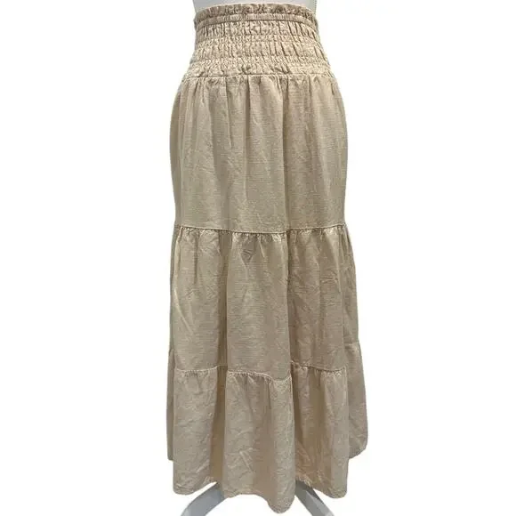 Wildfox Beige‎ Louisa Tiered Maxi Skirt Linen Blend Boho Cottage Peasant Prairie - Picture 2 of 10